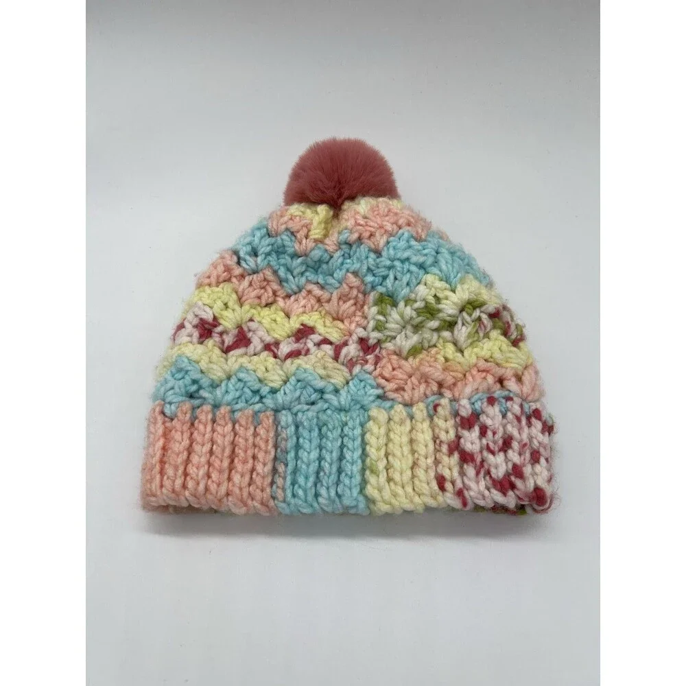 Handmade Knit Hat Beanie Womens One Size Multicolor Pom Bobble Chevron Winter